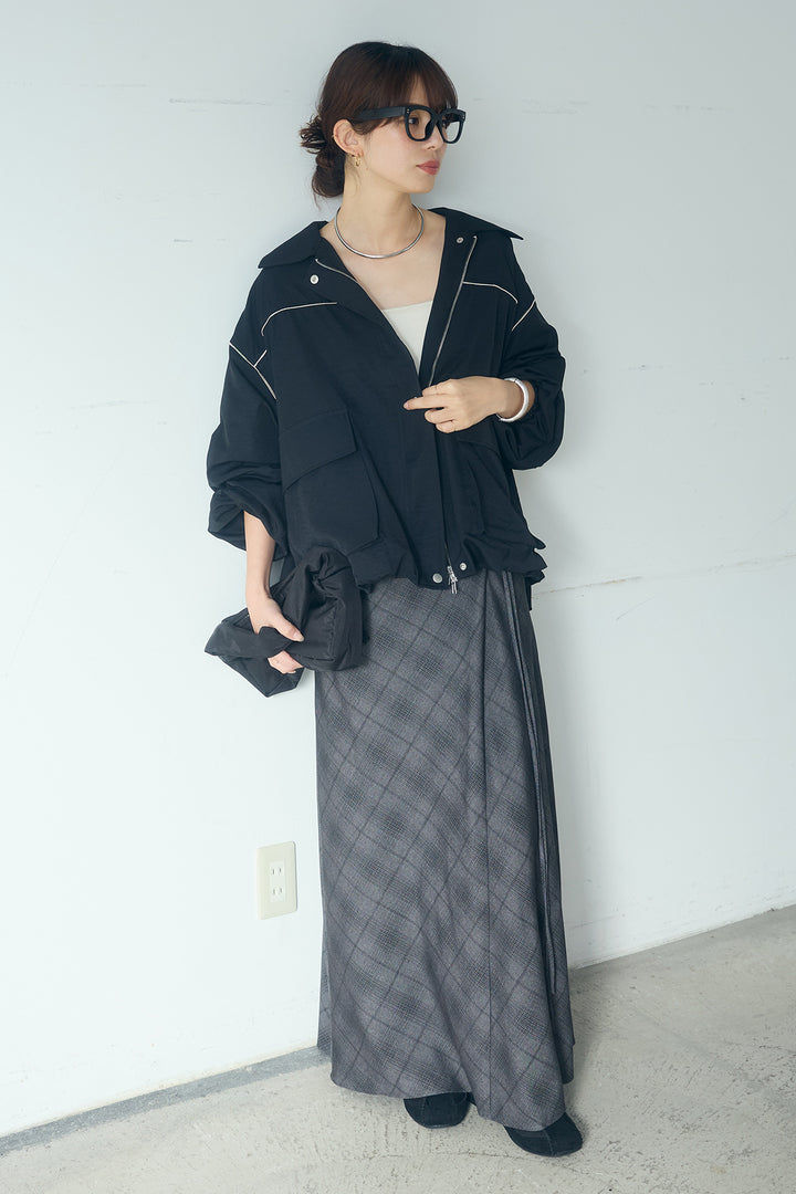 [SET]合繊ツイルバルーンジャケット+タータンチェック柄フロントデザインスカート(2set)