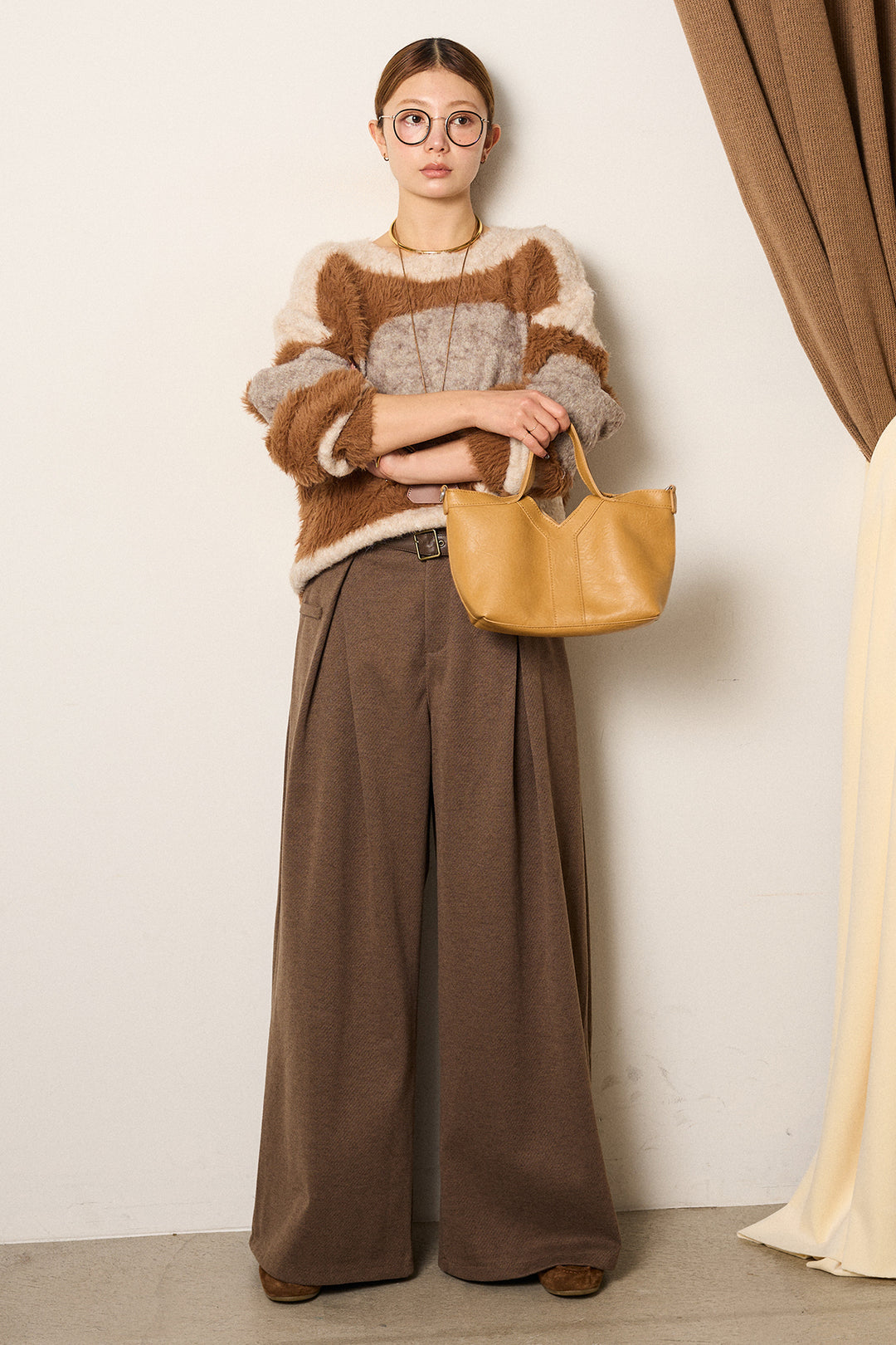 [SET]シャギーウェーブ柄クルーネックニットトップス+細ベルト付き起毛タックワイドパンツ(2set)