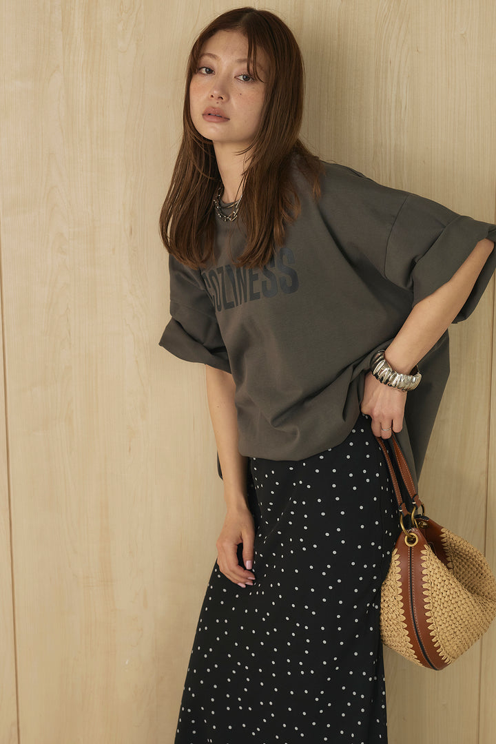 [SET]プリントロゴチュニックTシャツ+ドットサテンナロースカート(2set)