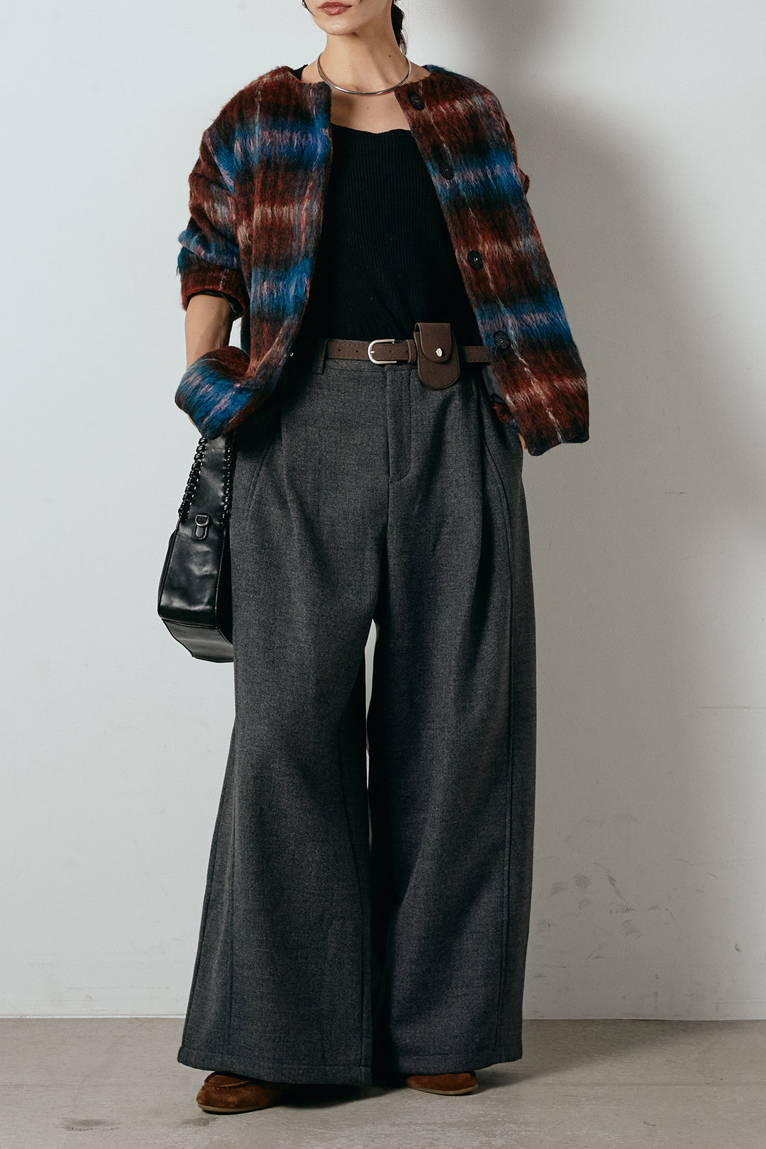 [SET]ノーカラーシャギーチェックアウター+ポーチベルト付きカーブパンツ(2set)