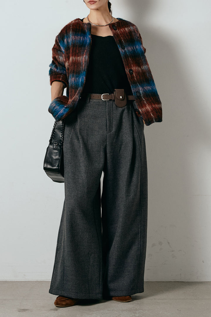 [SET]ノーカラーシャギーチェックアウター+ポーチベルト付きカーブパンツ(2set)