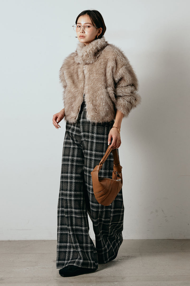 [SET]エコファーショート丈ブルゾン+ルーズタータンチェックワイドパンツ(2set)