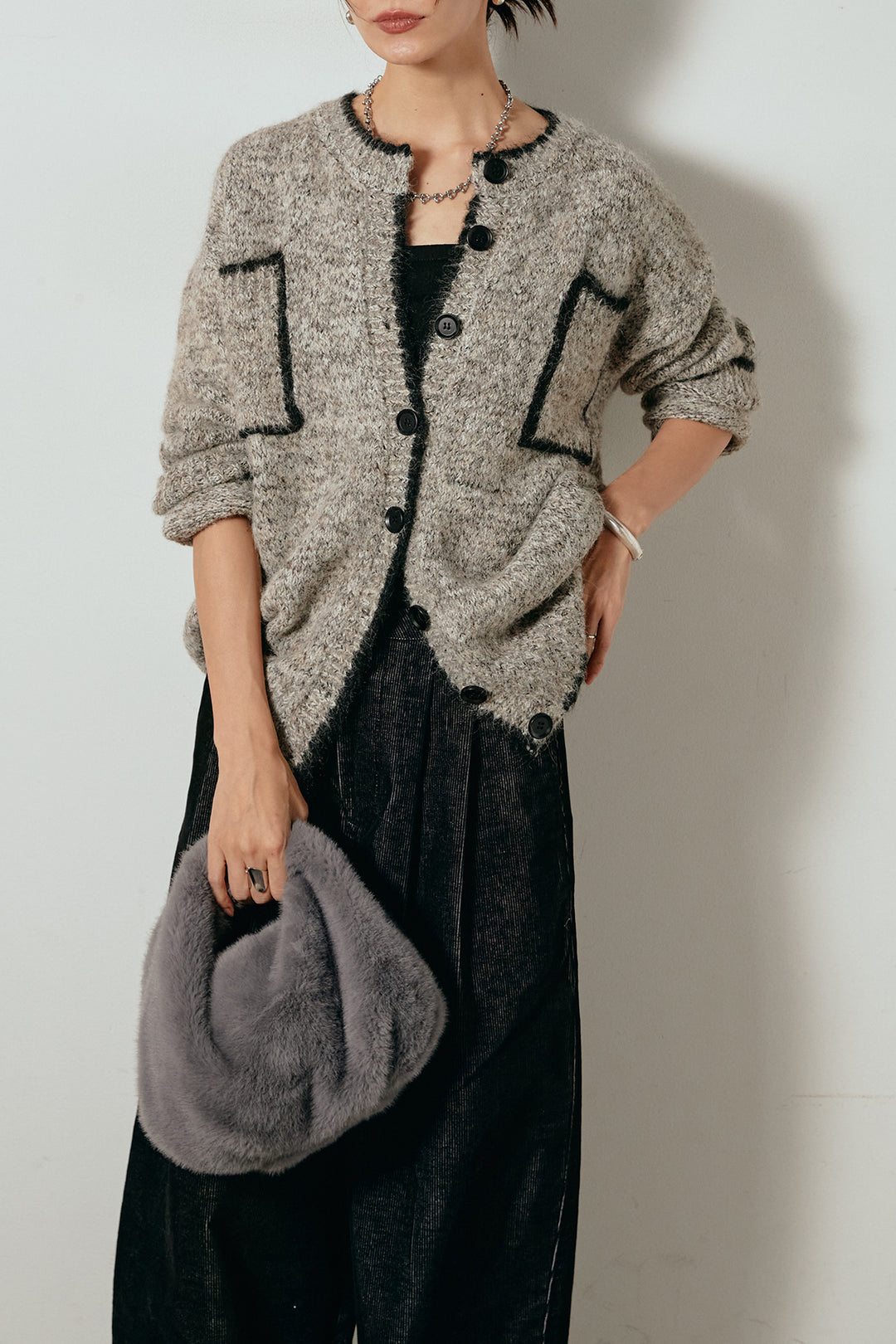 [SET]ミックスニットポケットカーディガン+フロントタック入りコーデュロイパンツ(2set)