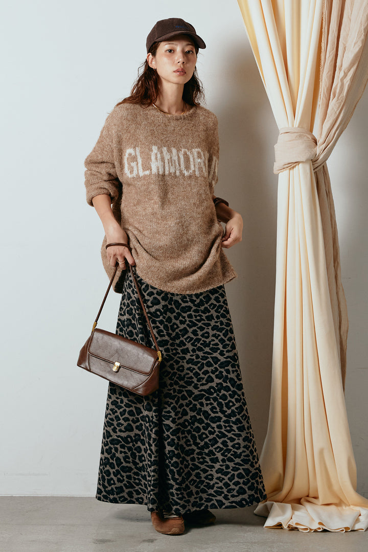 [SET]フロントロゴデザインニットトップス+レオパードロングスカート(2set)