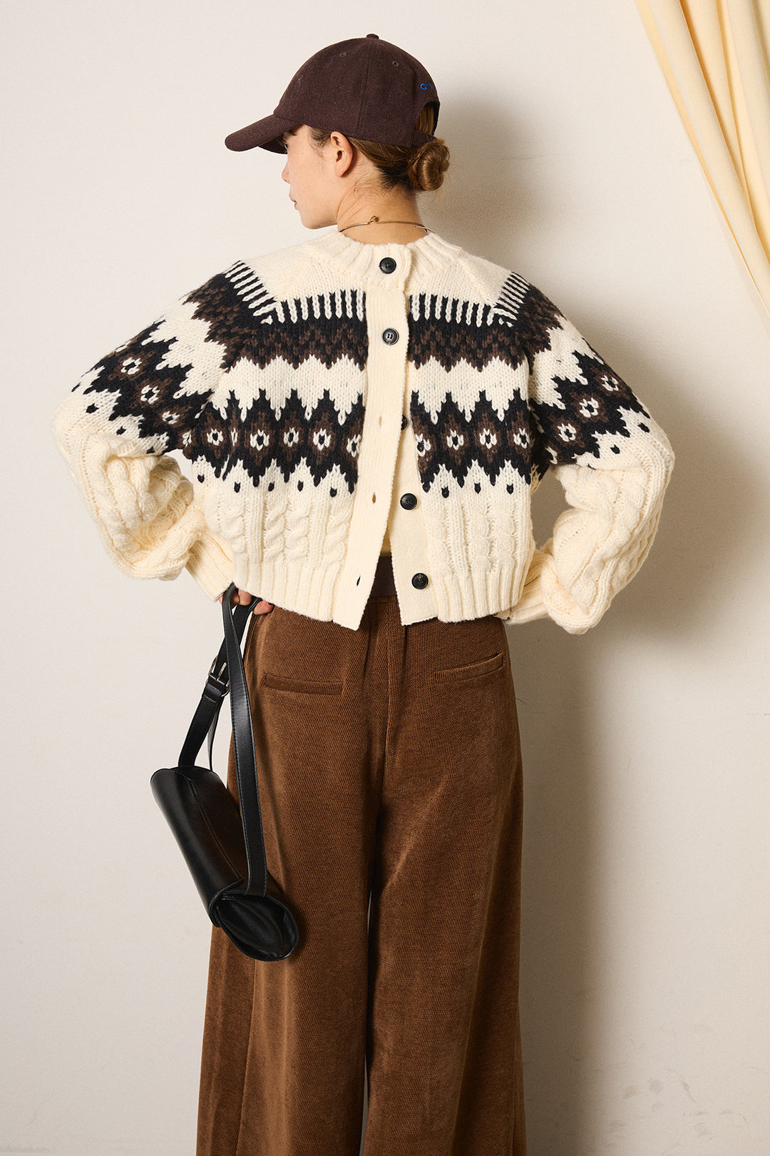 [SET]2WAY求心柄ジャガードショートカーディガン+ベルトループコーデュロイワイドパンツ+2WAY袖コード刺繍クルーネックプルオーバー(3set)