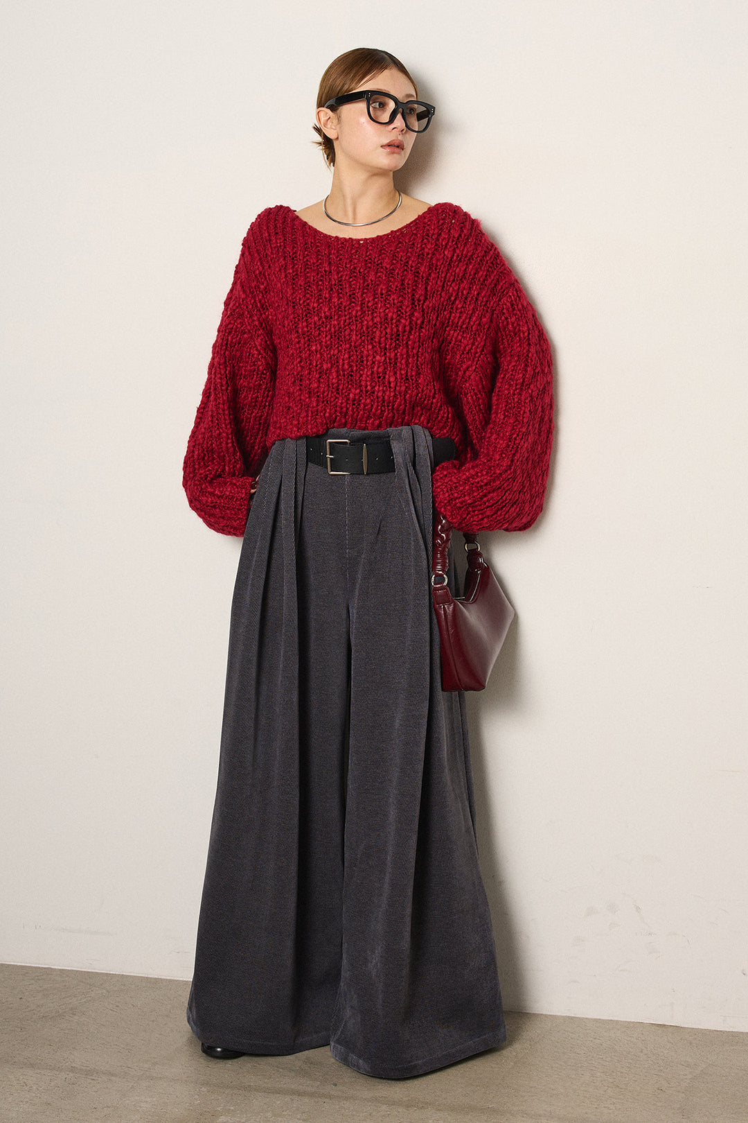 [SET]チャンキースラブニットクロップドプルオーバー+ベルトループコーデュロイワイドパンツ(2set)