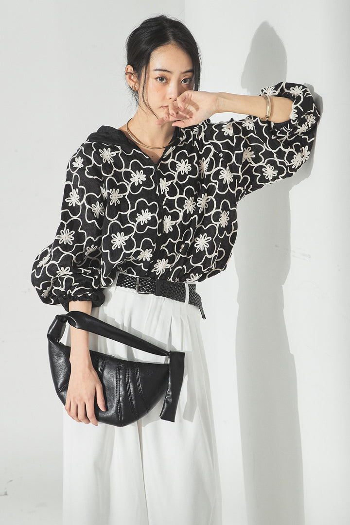 [SET]シアーフラワーフードブルゾン+編みベルト付きウエストタックワイドパンツ(2set)