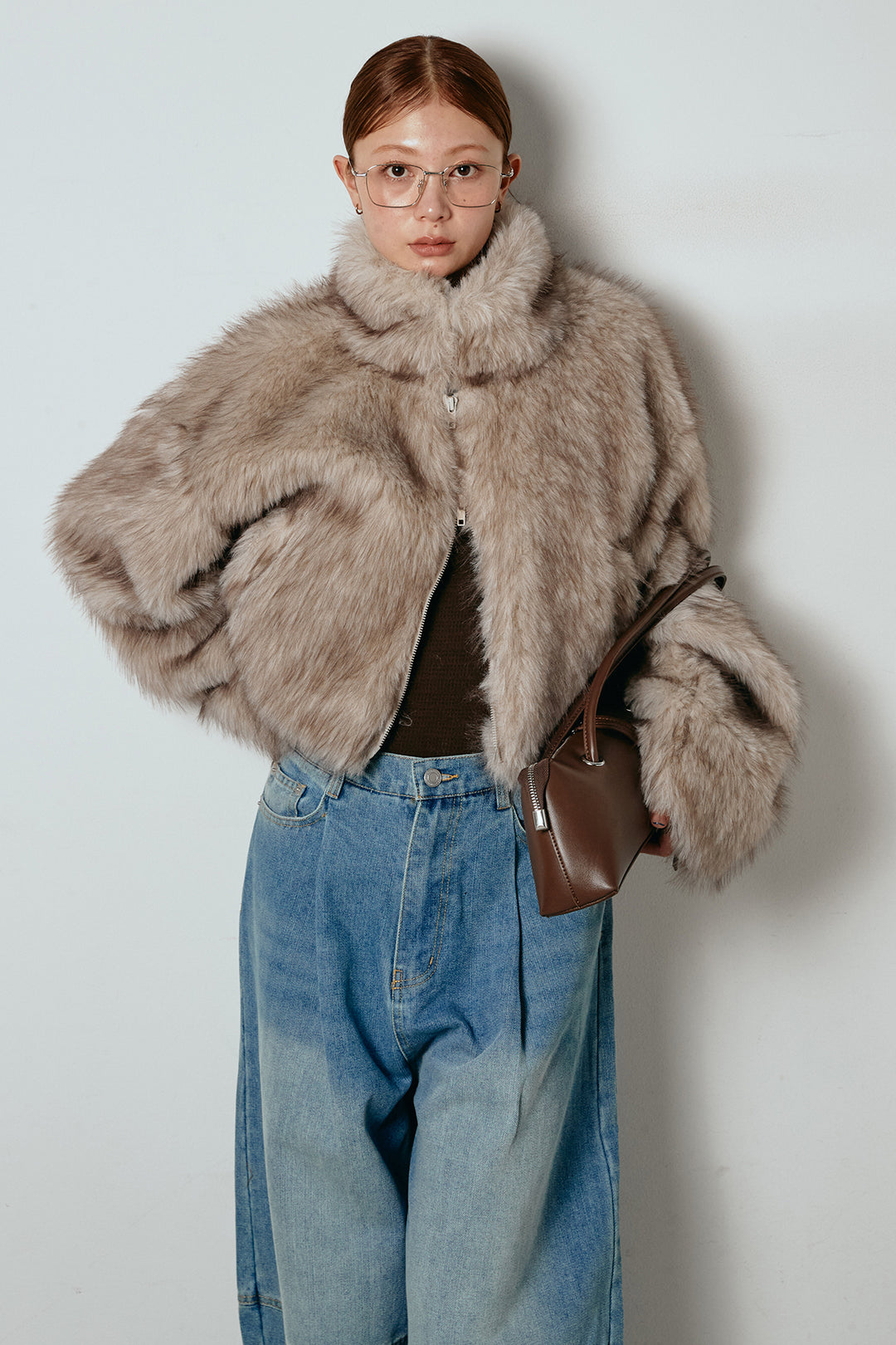 [SET]エコファーショート丈ブルゾン+加工デニムタックコクーンワイドパンツ(2set)