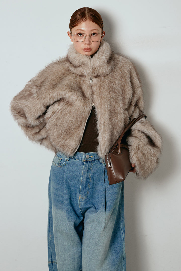 [SET]エコファーショート丈ブルゾン+加工デニムタックコクーンワイドパンツ(2set)