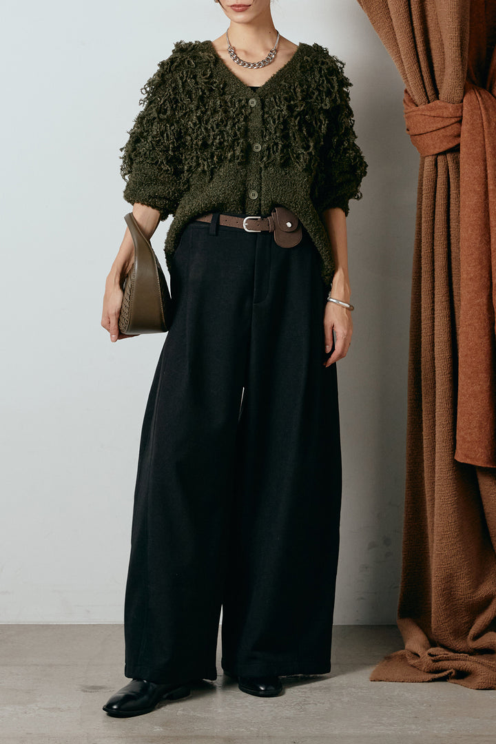 [SET]ループ編みVネックニットカーディガン+ポーチベルト付きカーブパンツ(2set)