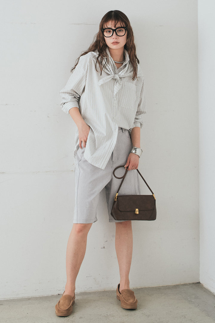 [SET]ランダムストライプスカーフ付きシャツ+デニムハーフパンツ(2set)