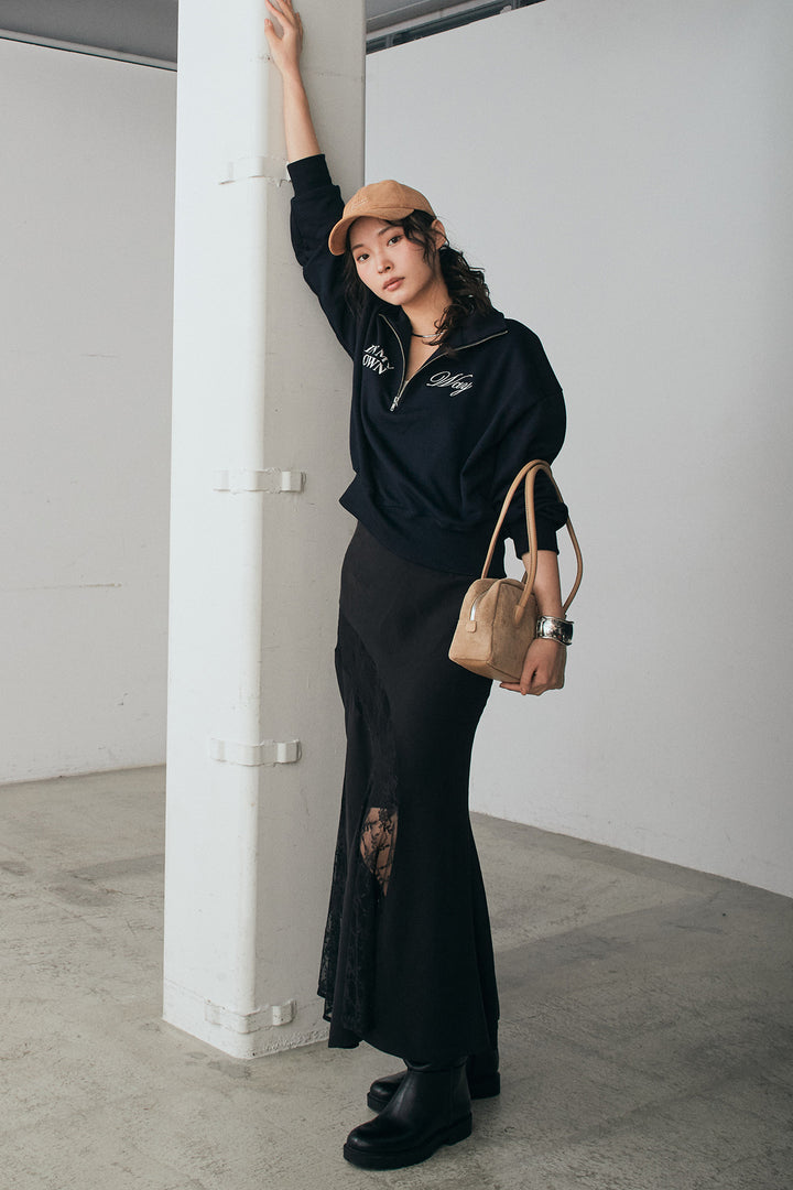 [SET]裏毛ロゴ刺繍ハーフZIPスウェット+刺繍レースデザインサテンスカート(2set)