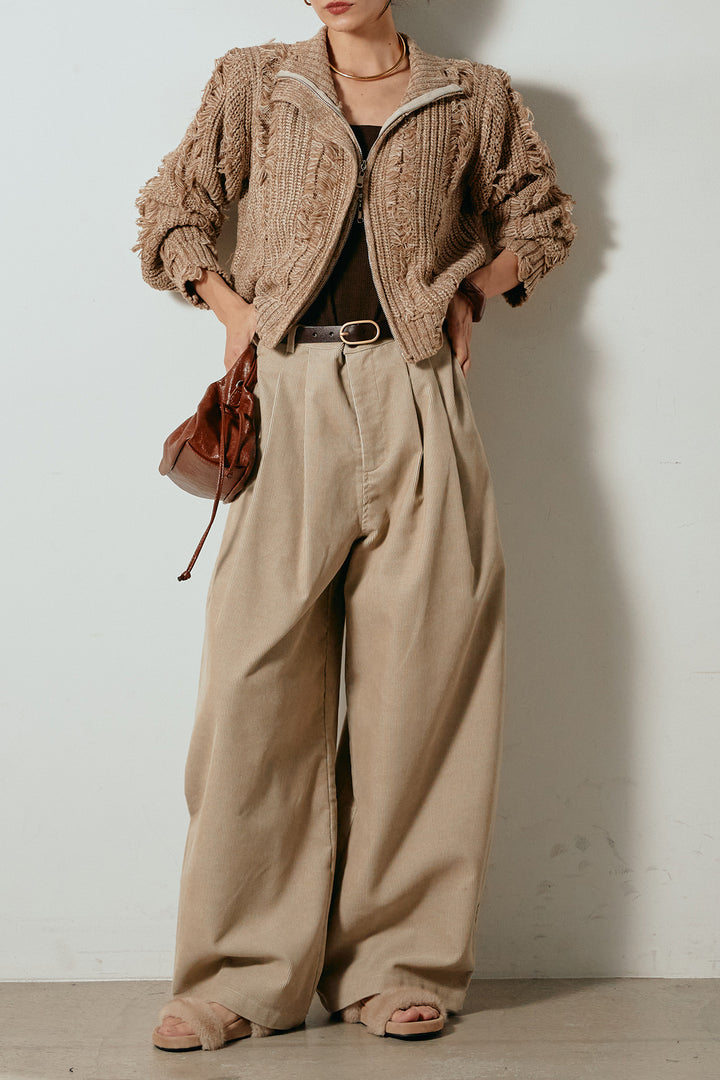 [SET]ハイネックフリンジジップニットトップス+フロントタック入りコーデュロイパンツ(2set)