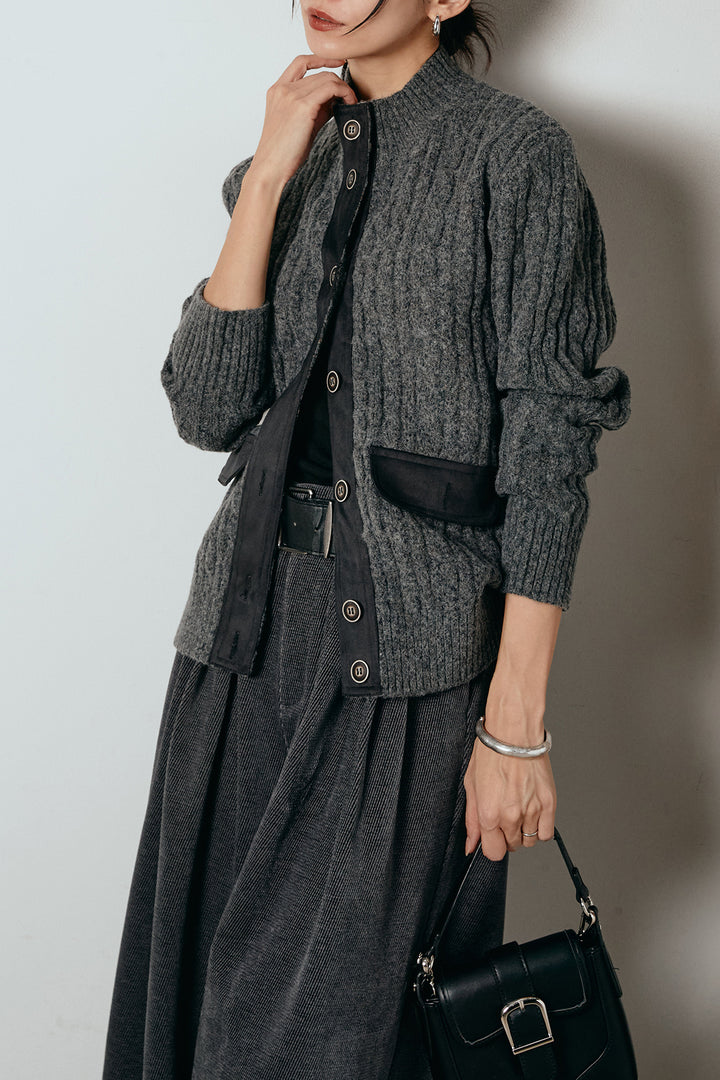 [SET]ボトルネックケーブルニットカーディガン+ベルトループコーデュロイワイドパンツ(2set)