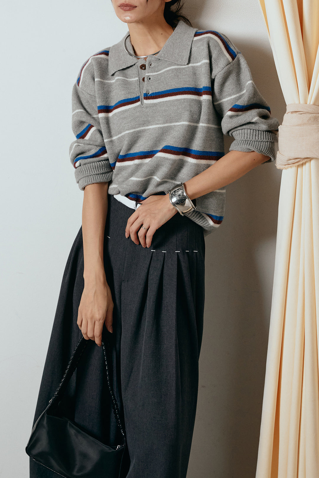 [SET]襟付きマルチボーダーニットポロトップス+ウエストステッチデザインワイドスラックス(2set)