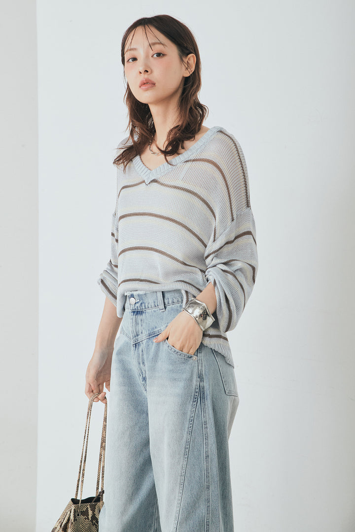 [SET]綿タッチVネックボーダートップス+デニムヨークパンツ(2set)