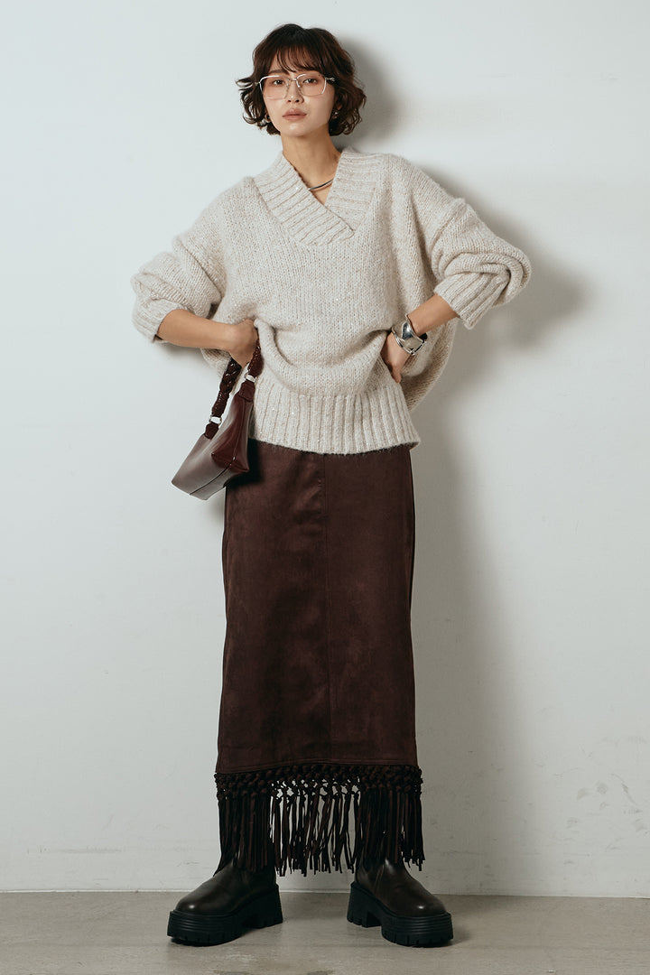 [SET]Vネックラメニットトップス+スウェードライク裾フリンジスカート(2set)