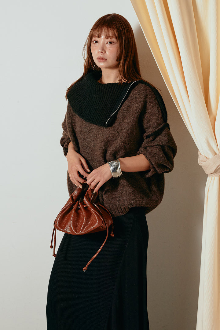 [SET]ハイネックジップデザインニットトップス+サイド切り替えリブニットロングスカート(2set)