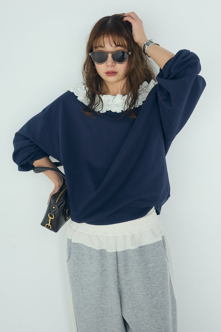 [SET]ネックギャザーフリルスウェット+異素材切り替えスウェットパンツ(2set)