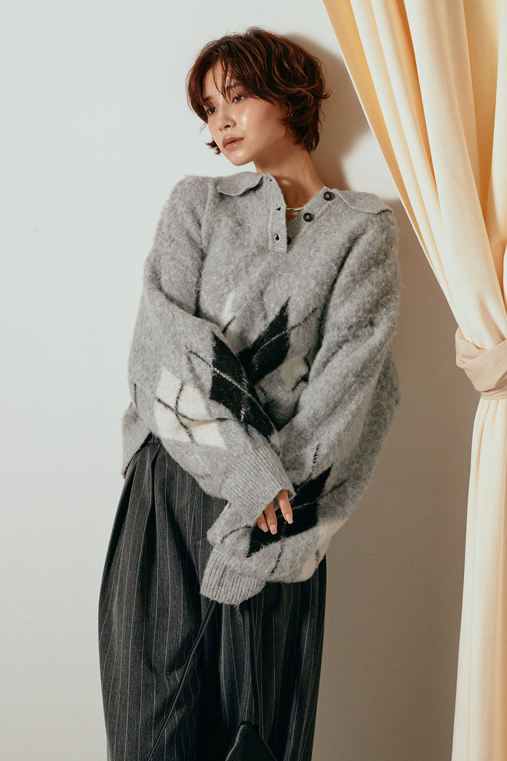 [SET]アーガイル柄ポロニットトップス+ストライプヘリンボーンパンツ(2set)