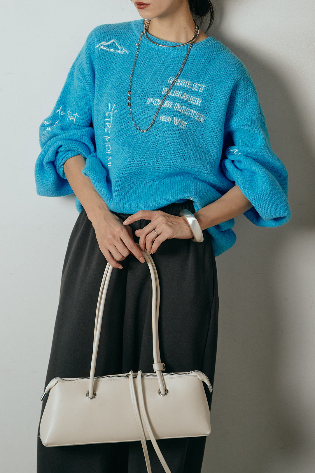 [SET]刺繍ロゴランダムデザインニットトップス+裏起毛スウェットワイドパンツ(2set)