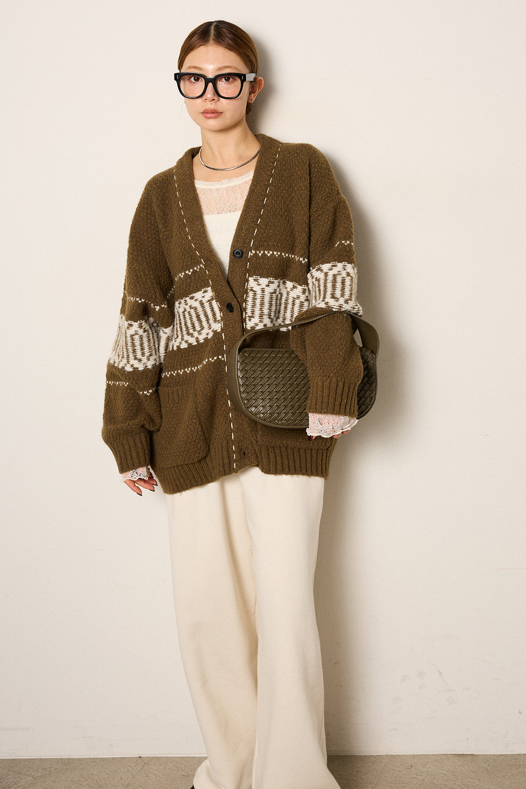 [SET]ライン柄ステッチニットカーディガン+2WAY袖コード刺繍クルーネックプルオーバー+裏起毛スウェットワイドパンツ(3set)