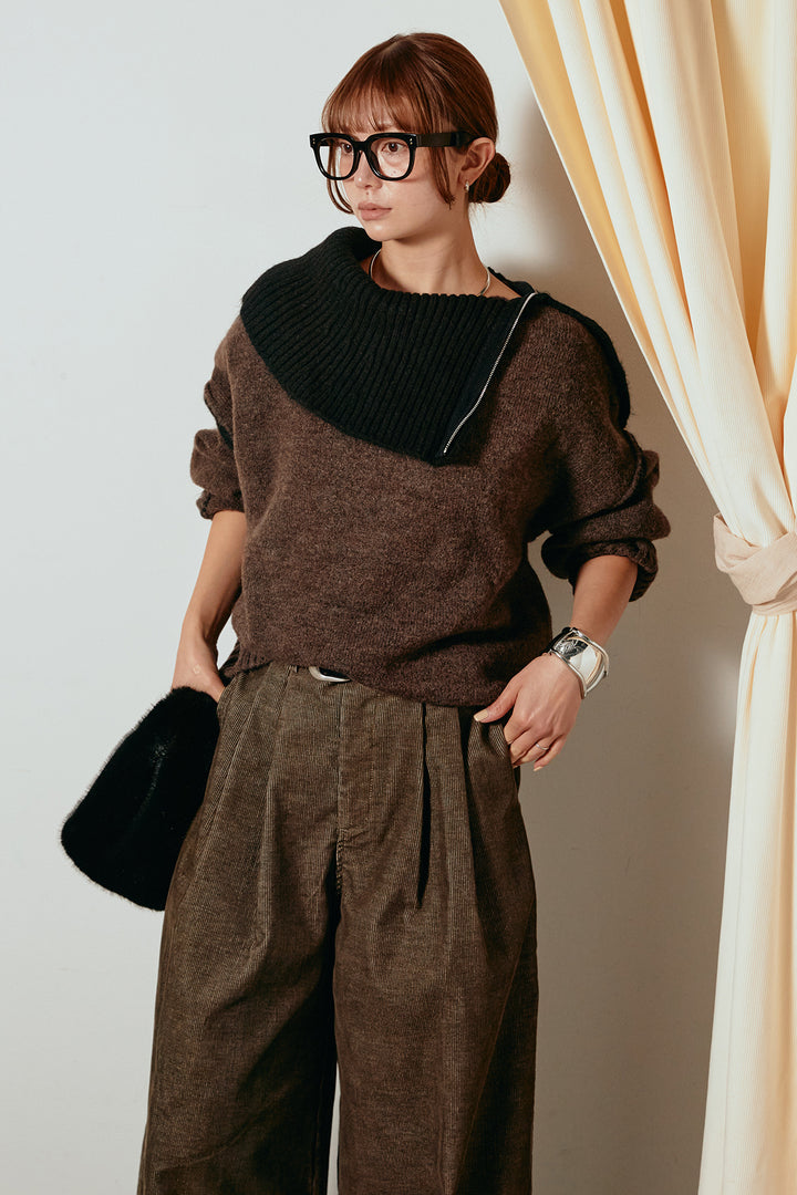 [SET]ハイネックジップデザインニットトップス+フロントタック入りコーデュロイパンツ(2set)