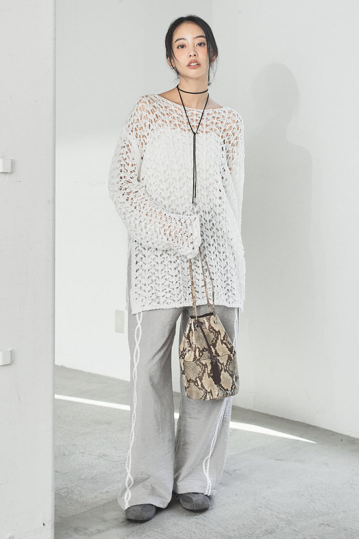 [SET]リラックスメッシュニットトップス+刺繡テープラインパンツ(2set)