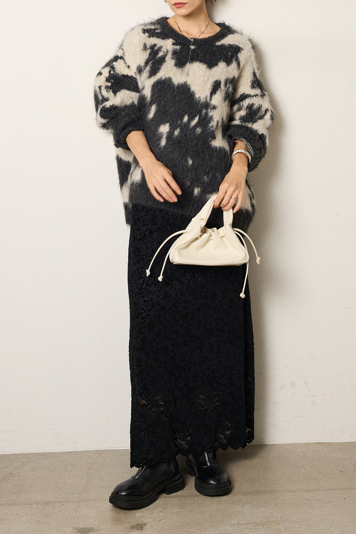 [SET]モヘアタッチマーブルニット+花柄刺繍ベロアフレアスカート(2set)