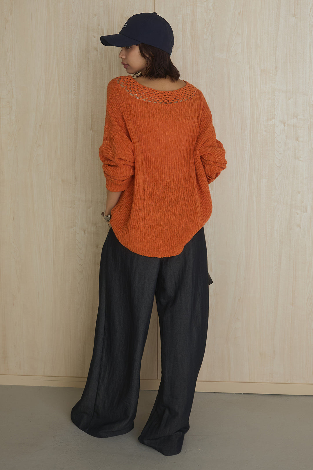 [SET]ネック編みデザインニットトップス+ウエスト折り返しワイドパンツ(2set)