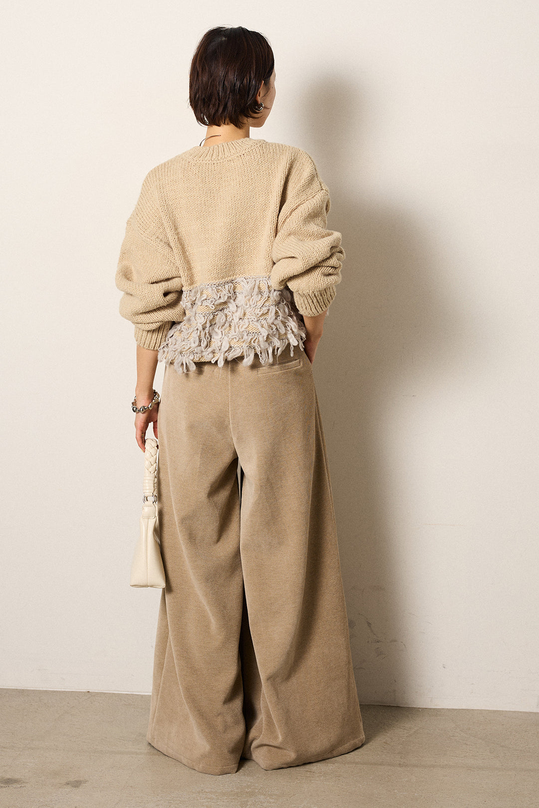 [SET]ループ編み切り替えニットプルオーバー+ベルトループコーデュロイワイドパンツ(2set)