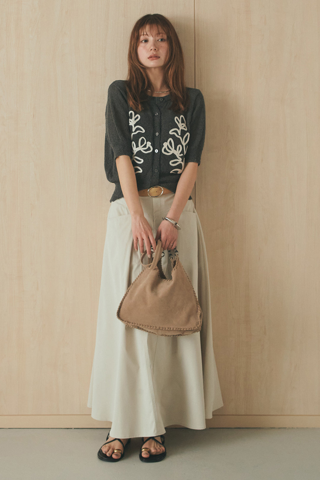 [SET]フロントテープデザイン半袖カーディガン+ミリタリーツイルタックフレアスカート(2set)