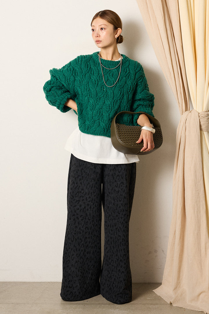 [SET]ケーブルリラックスショートニット+レオパードジャガードニットパンツ(2set)