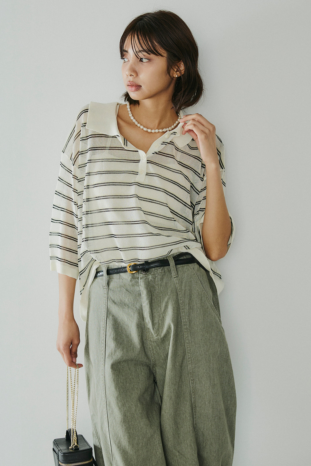 [SET]ボーダーニットポロシャツ+サイドベルトカーブワイドパンツ(2set)