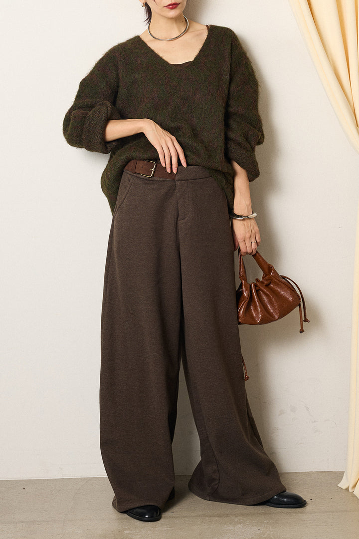 [SET]フラッフィーレオパードシャギーニット+サイドベルトパンツ(2set)