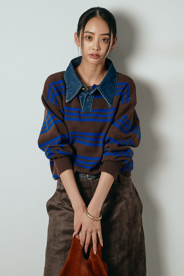 [SET]デニムレイヤード風ランダムボーダーニットプルオーバー+エコスウェードワイドスカート(2set)