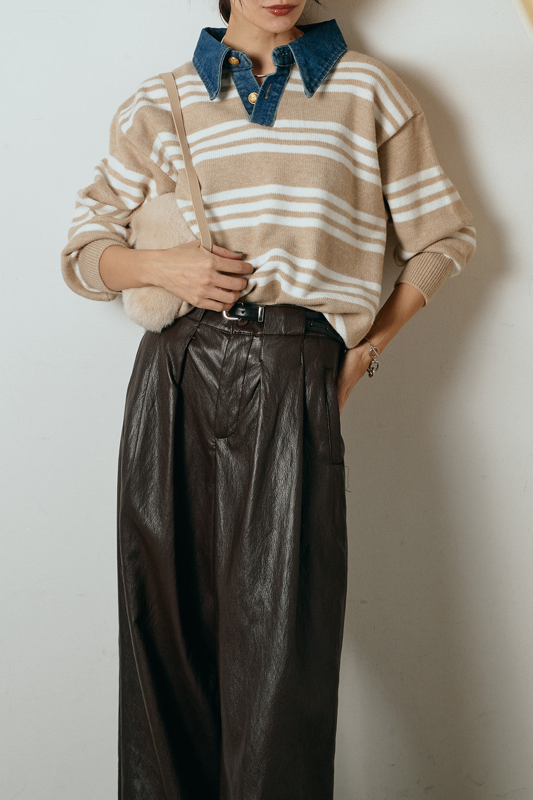 [SET]デニムレイヤード風ランダムボーダーニットプルオーバー+ベルト付きレザーライクタックパンツ(2set)