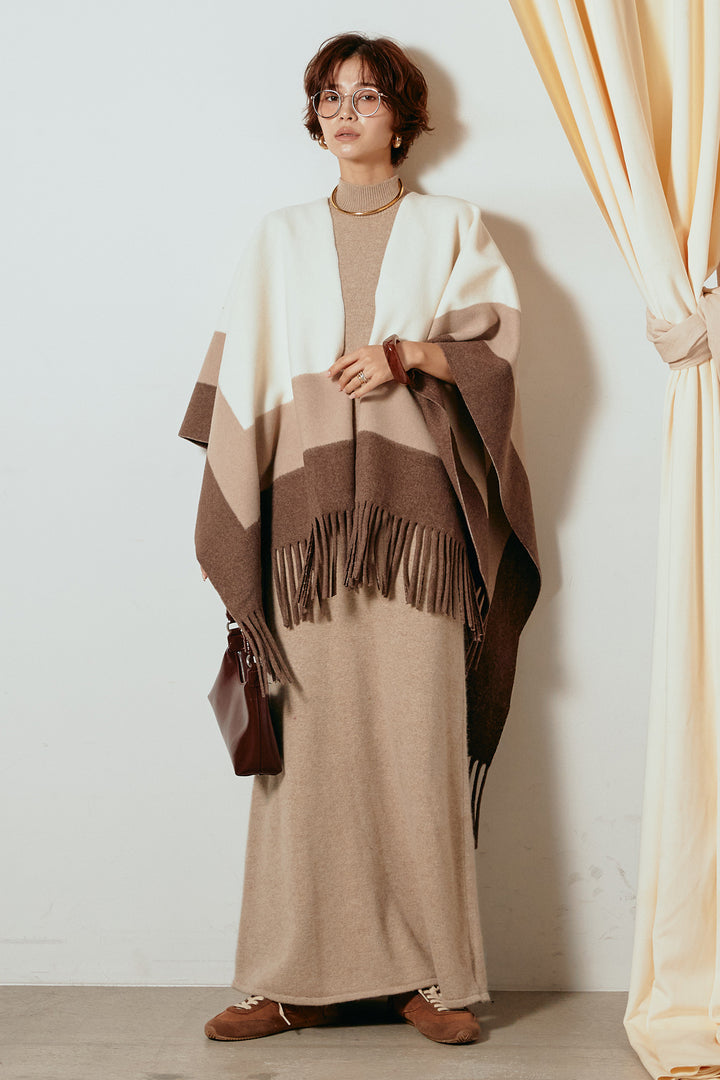[SET]裾フリンジ柄ポンチョアウター+ノースリーブニットロングワンピース(2set)