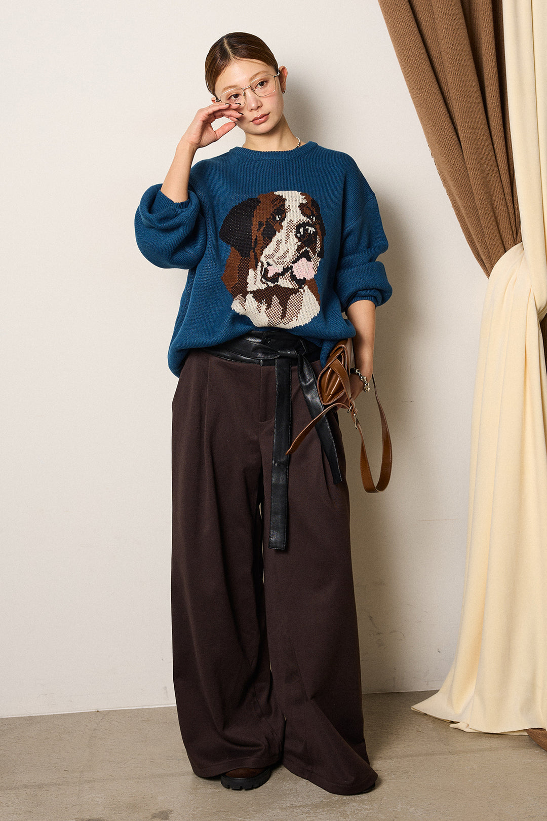 [SET]アニマルジャガード柄ニットトップス+巻ベルトウエストレザーライクワイドパンツ(2set)