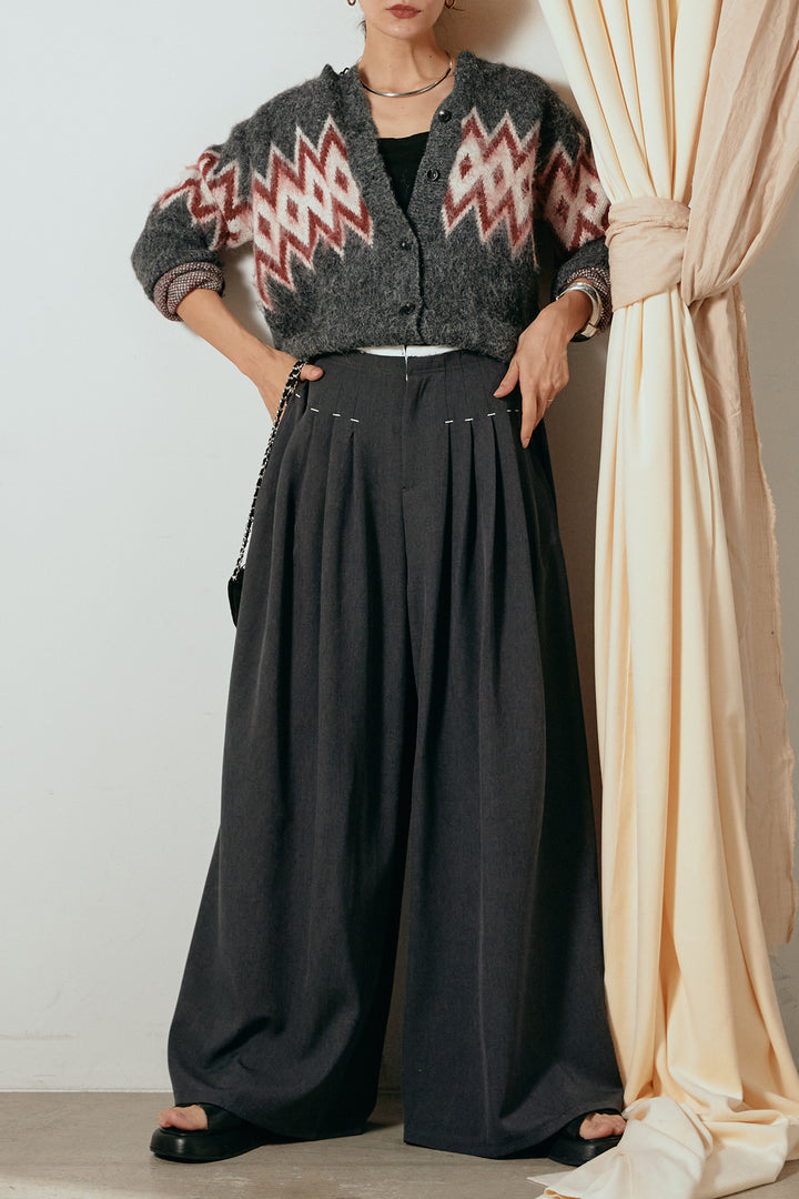 [SET]起毛ノルディック柄ニットカーディガン+ウエストステッチデザインワイドスラックス(2set)