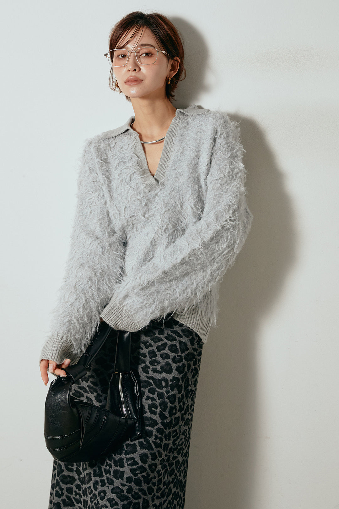 [SET]襟付きシャギーニットポロトップス+レオパードロングスカート(2set)