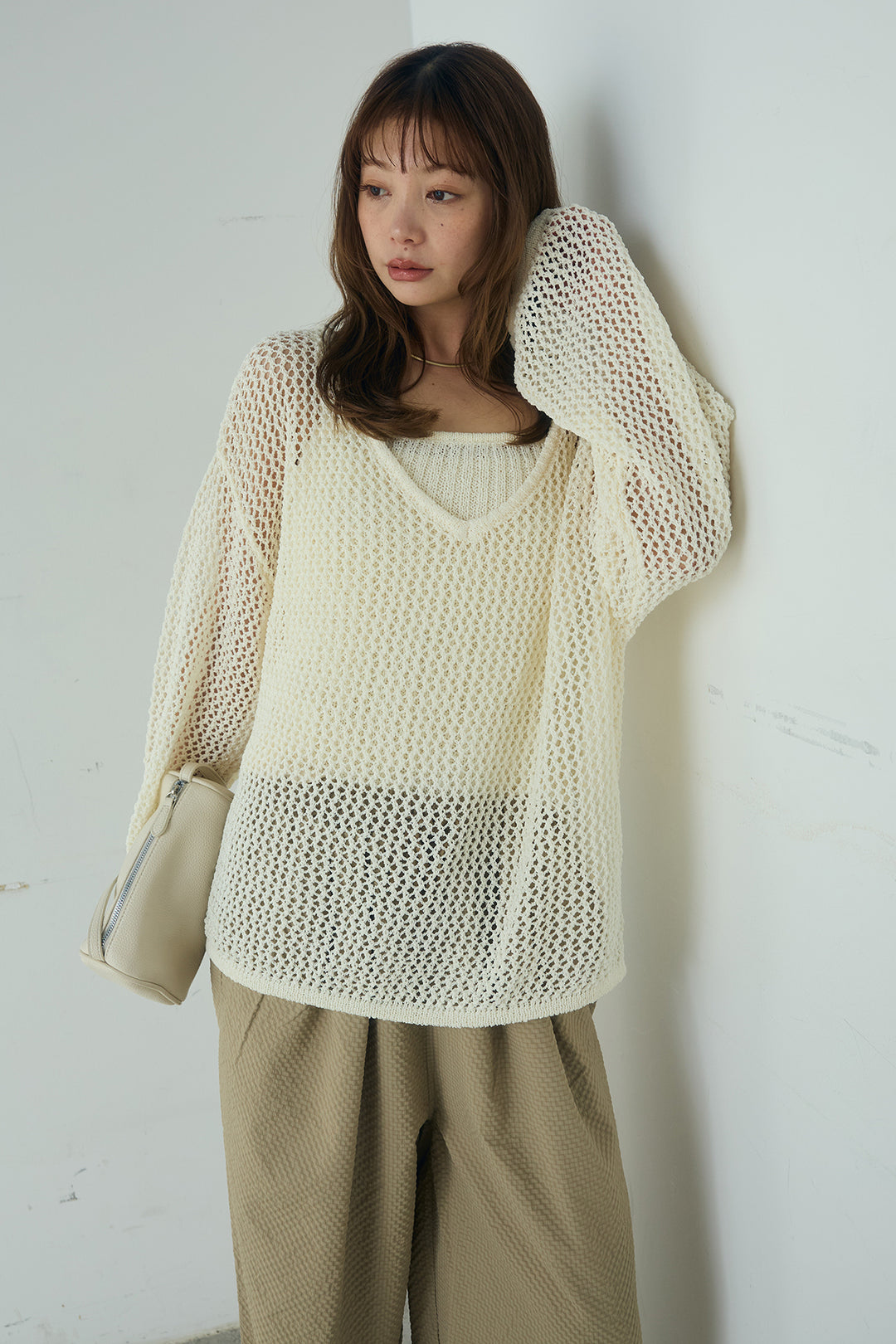 [SET]メッシュ編みビスチェセットVネックプルオーバー+シアサッカーイージーパンツ(2set)