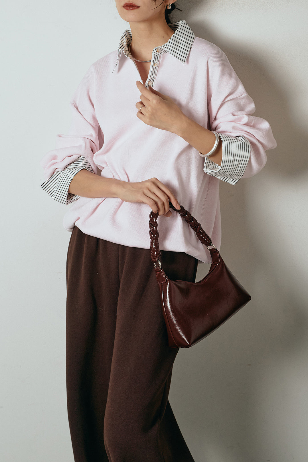 [SET]ストライプシャツドッキングポロトップス+裏起毛スウェットワイドパンツ(2set)