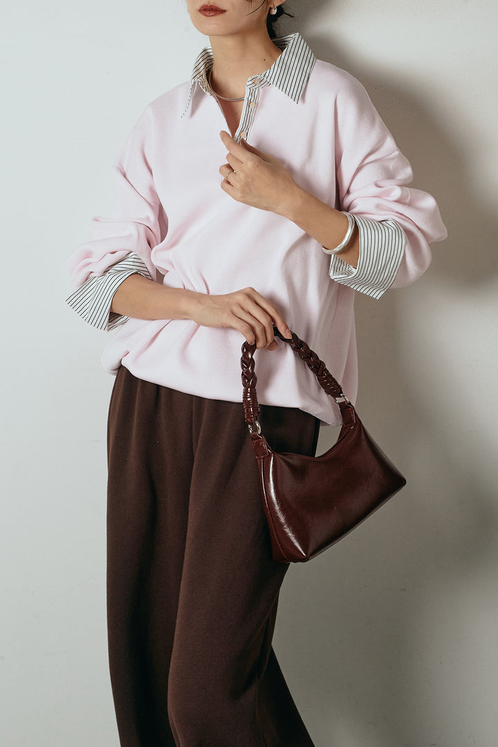 [SET]ストライプシャツドッキングポロトップス+裏起毛スウェットワイドパンツ(2set)