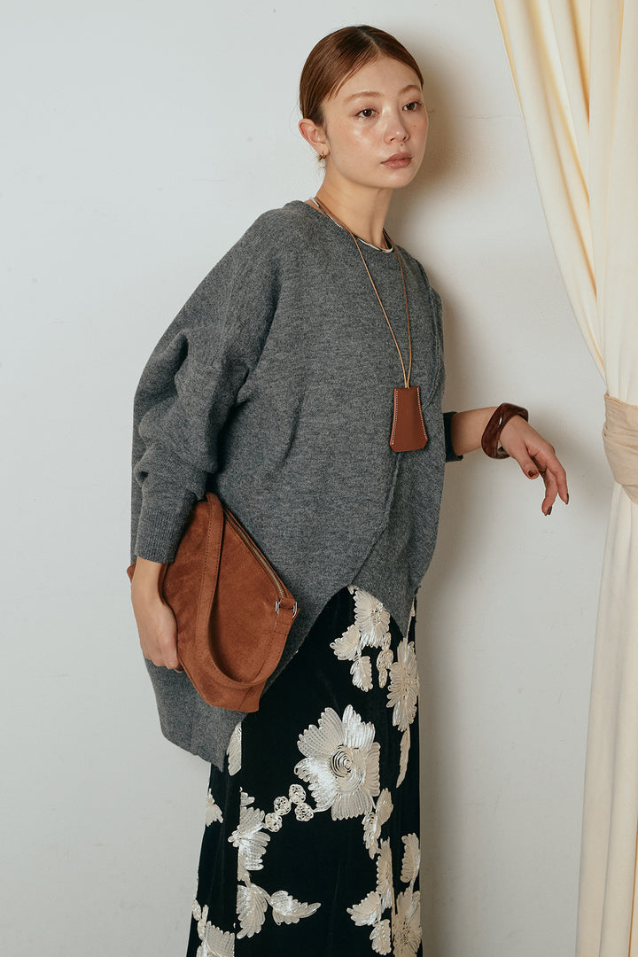 [SET]アシンメトリーデザインニットトップス+フラワー刺繍ワイドスカート(2set)