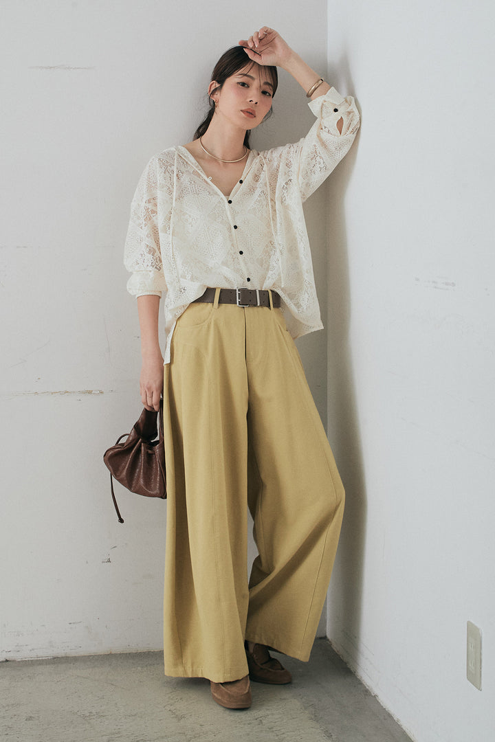 [SET]ブロックレースフード付きブラウス+ベルト付きサイドタックワイドパンツ(2set)