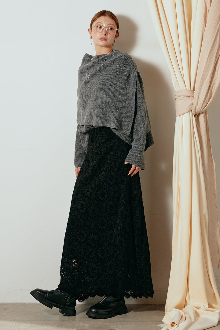 [SET]ケープデザインリブニットトップス+花柄刺繍ベロアフレアスカート(2set)