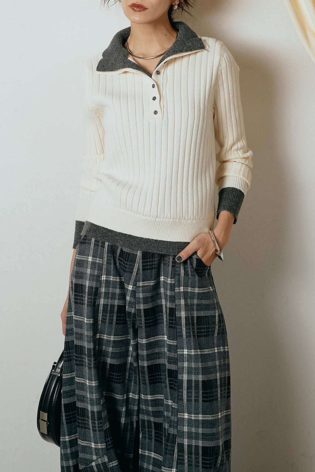 [SET]レイヤード風リブニットトップス+ベルト付きタータンチェックカーブワイドパンツ(2set)