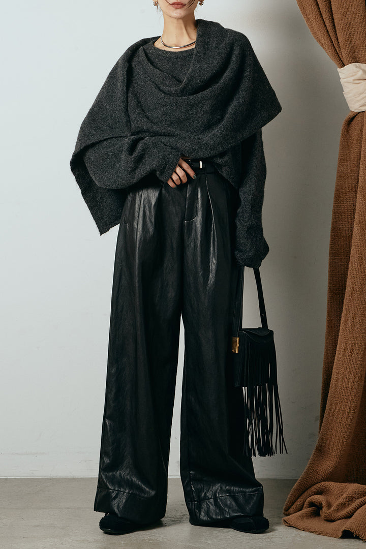 [SET]ネック巻きデザインニットトップス+ベルト付きレザーライクタックパンツ(2set)