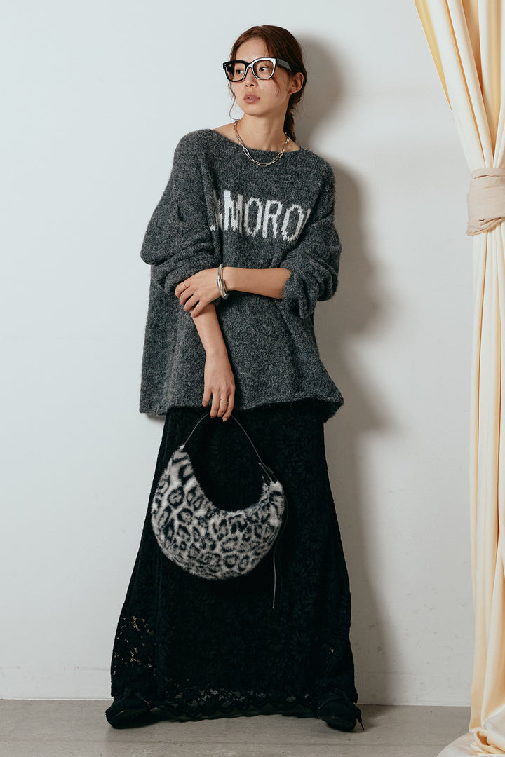 [SET]フロントロゴデザインニットトップス+花柄刺繍ベロアフレアスカート(2set)